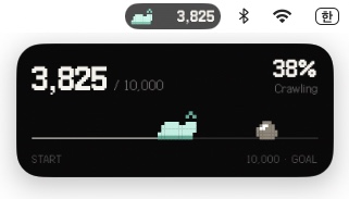 The Dynamic Island in the Mac menu bar shows the snail and 3,825 steps, and the Live Activity card below it shows 3,825 / 10,000, 38% and the track with the goal marker coming closer.