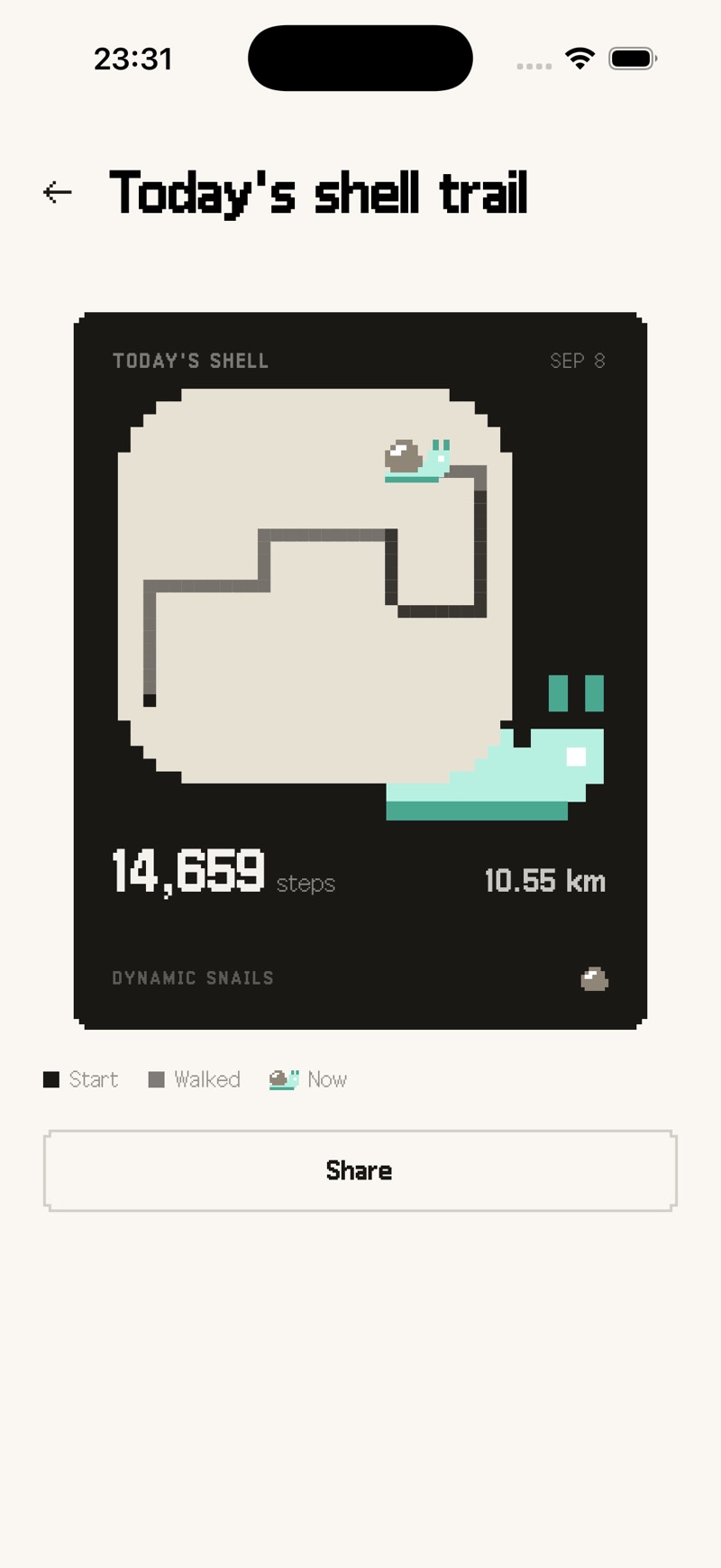 Pangle’s “Today’s shell trail” screen. Today’s walk is engraved inside a snail shell, with 14,659 steps and 10.55 km written under it.
